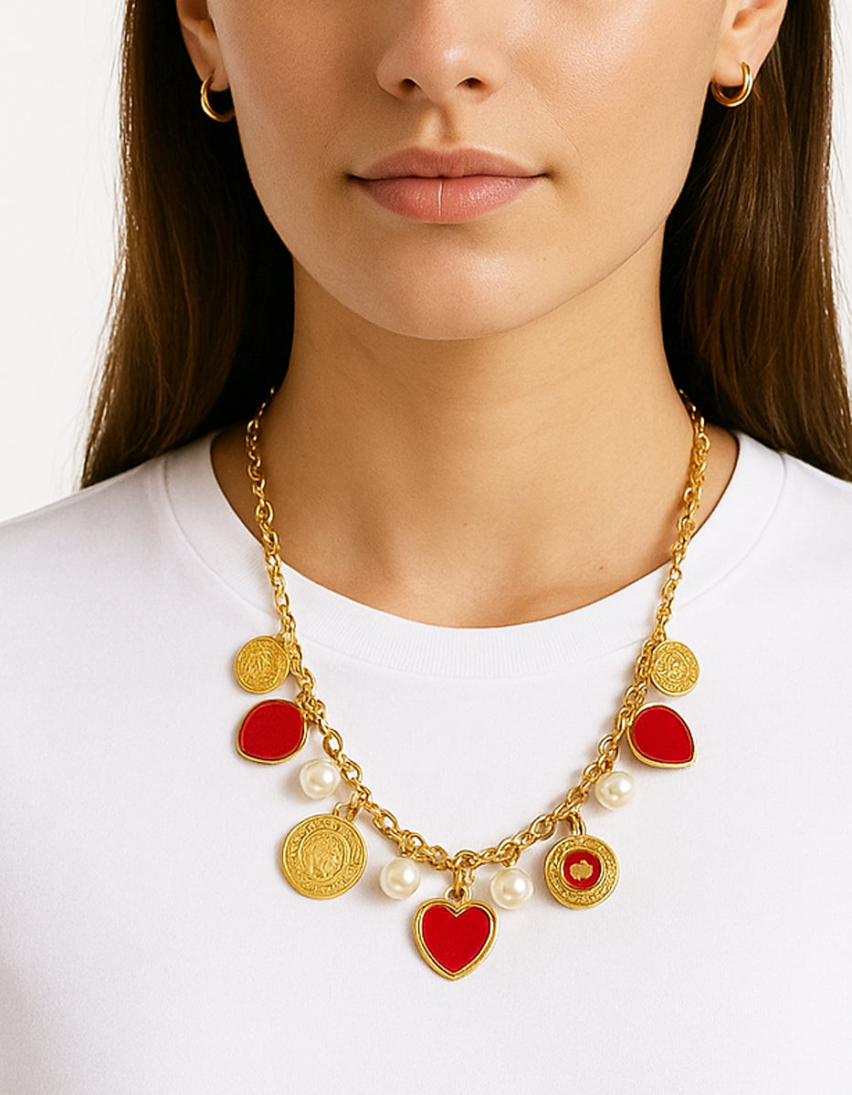 Collar monedas auténticas con dije de corazón y perlas Mabe Memorias
