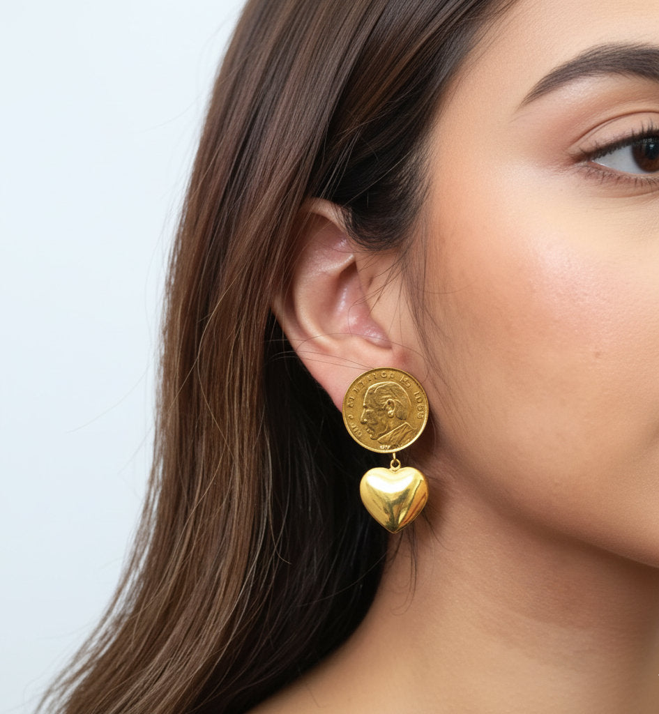 Aretes moneda auténtica corazón Memorias