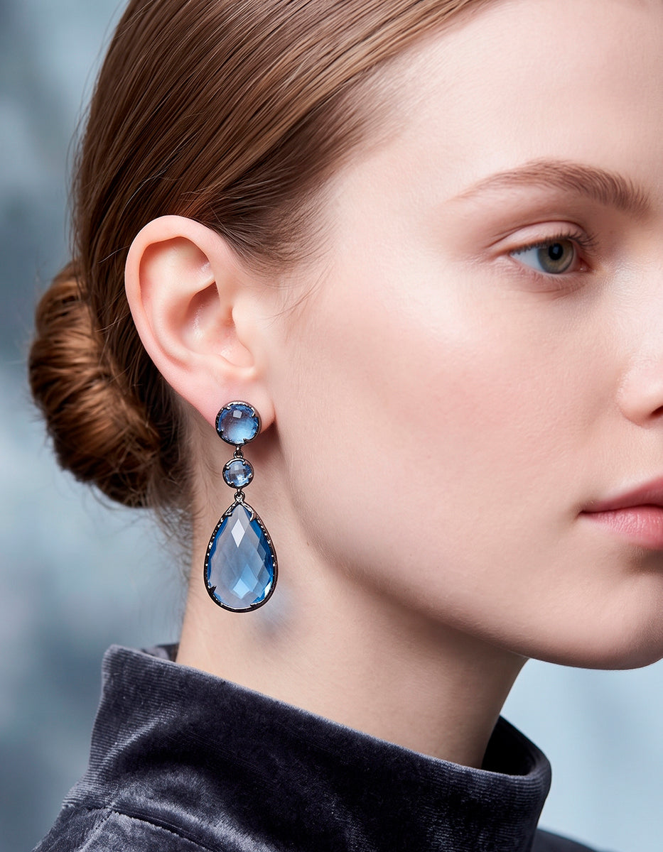 Aretes de bronce en baño de Rutenio con piedras naturales Ojo de Gato tono Azul Royal