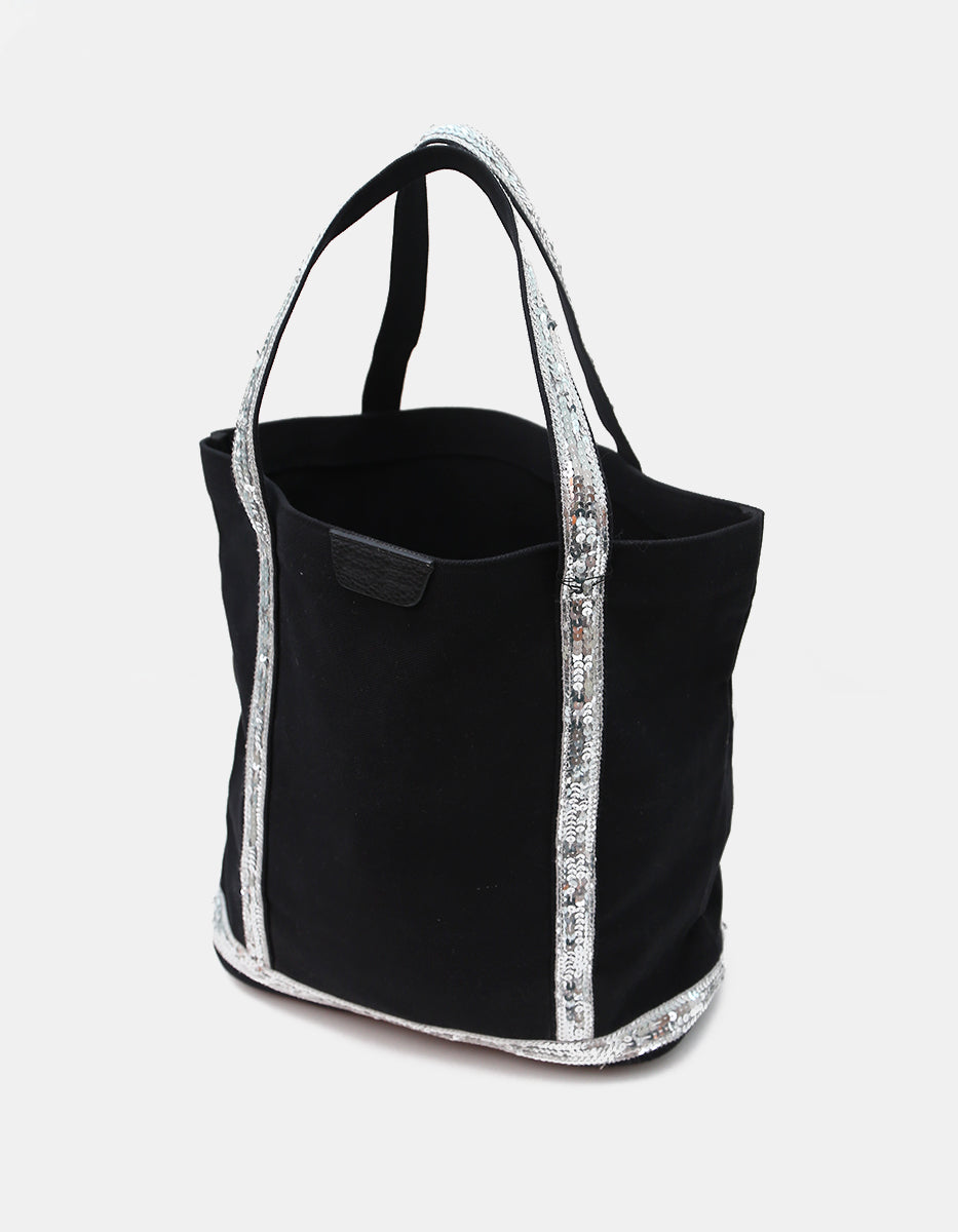 Bolso tote de lona negra con franjas de lentejuelas plateadas y asas al hombro