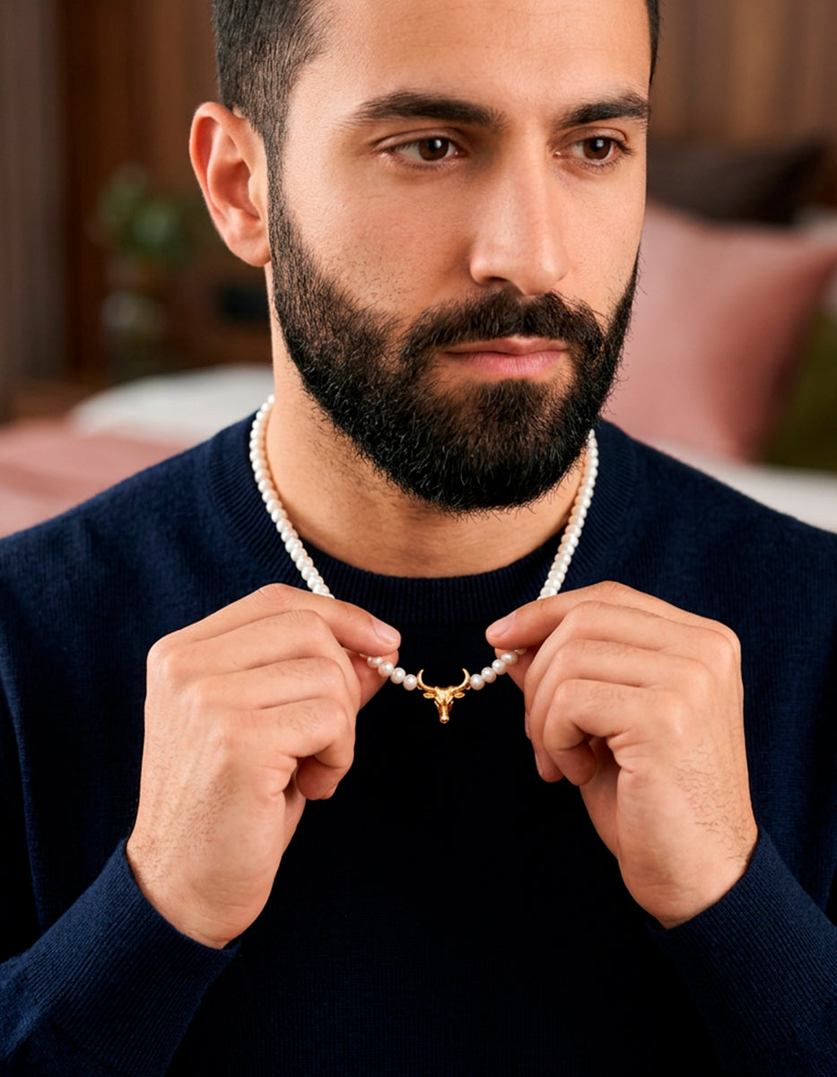 Collar en baño Vermeil de 22 kt con perla mabe y calavera del desierto Nordic
