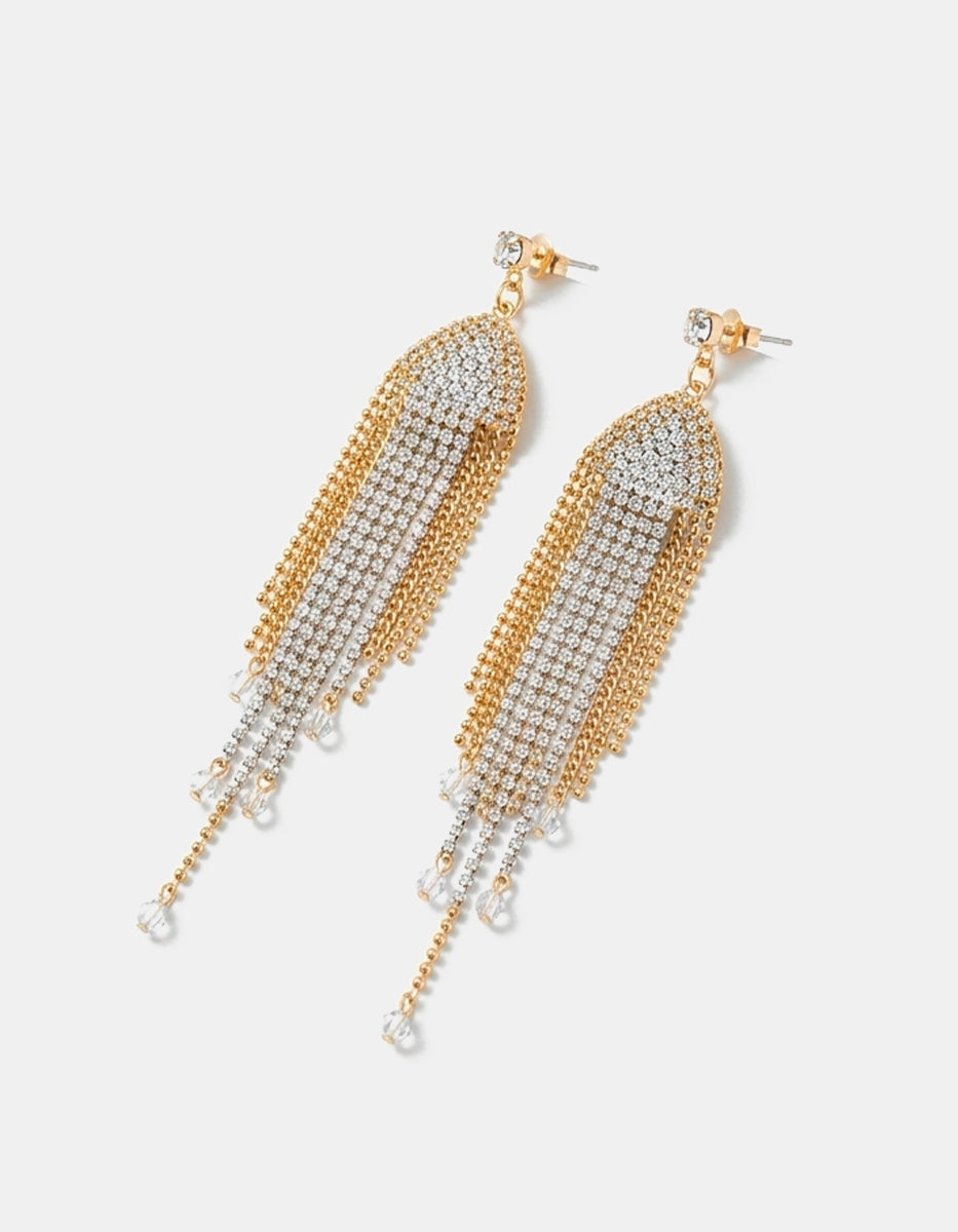 Aretes de oro laminado 22k con 5 cadenas con cristal y 6 cadenas de bolitas doradas