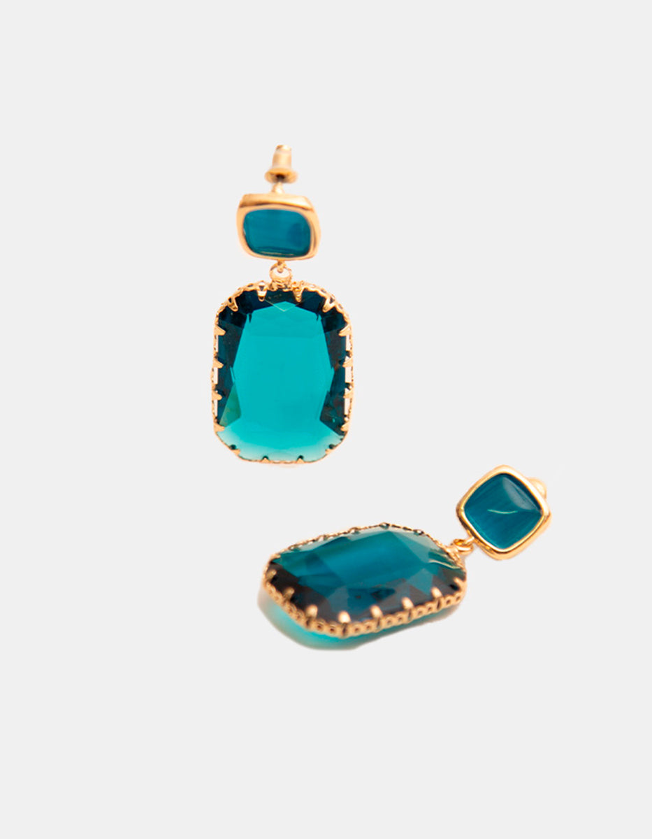Aretes en Oro Laminado 22kt con Doble Gema Espinolita Azul Marino Marquesa