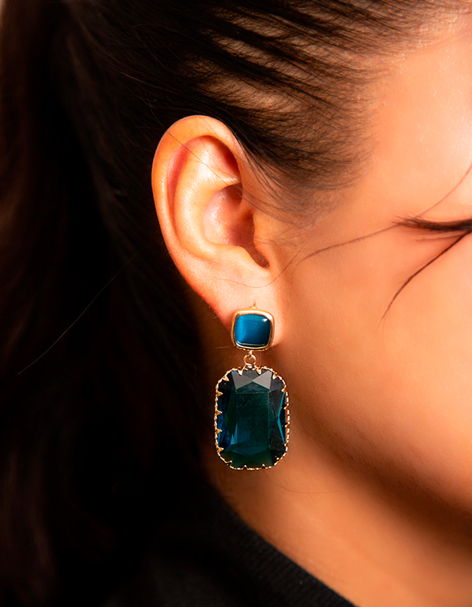 Aretes en Oro Laminado 22kt con Doble Gema Espinolita Azul Marino Marquesa