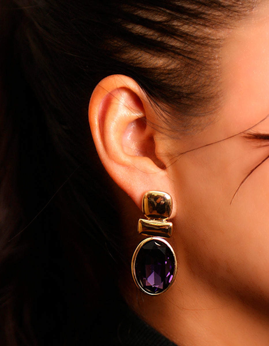 Aretes en bronce con baño vermeil 22 kt Rectángulo liso y espinolita morada en óvalo de 47 mm Marquesa