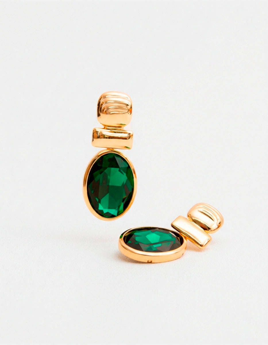 Aretes en bronce con baño vermeil 22 kt Rectángulo liso y espinolita verde esmeralda en óvalo Marquesa