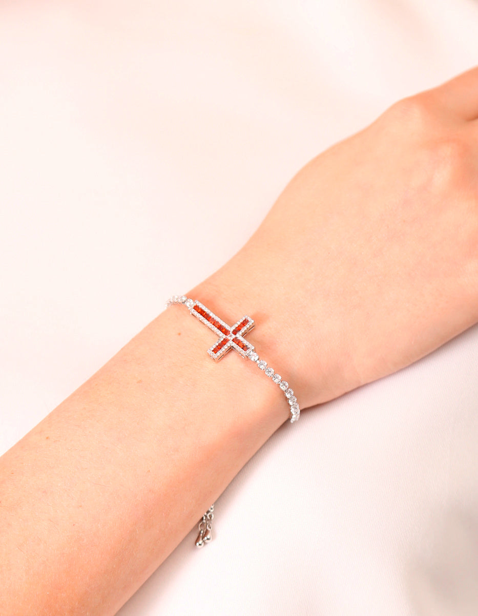 ⚡Ei Pulsera en Plata .925 con Baño de Rodio y Piedra Granate Roja en Forma de Cruz de 2.5 cm