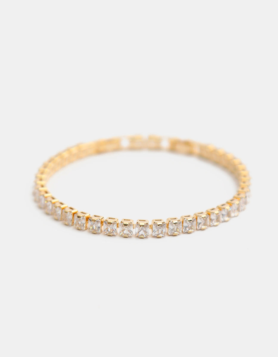 ⚡Ei Pulsera en Plata .925 con Baño de Oro 22 kt y Topacios Blancos en Forma Rectangular