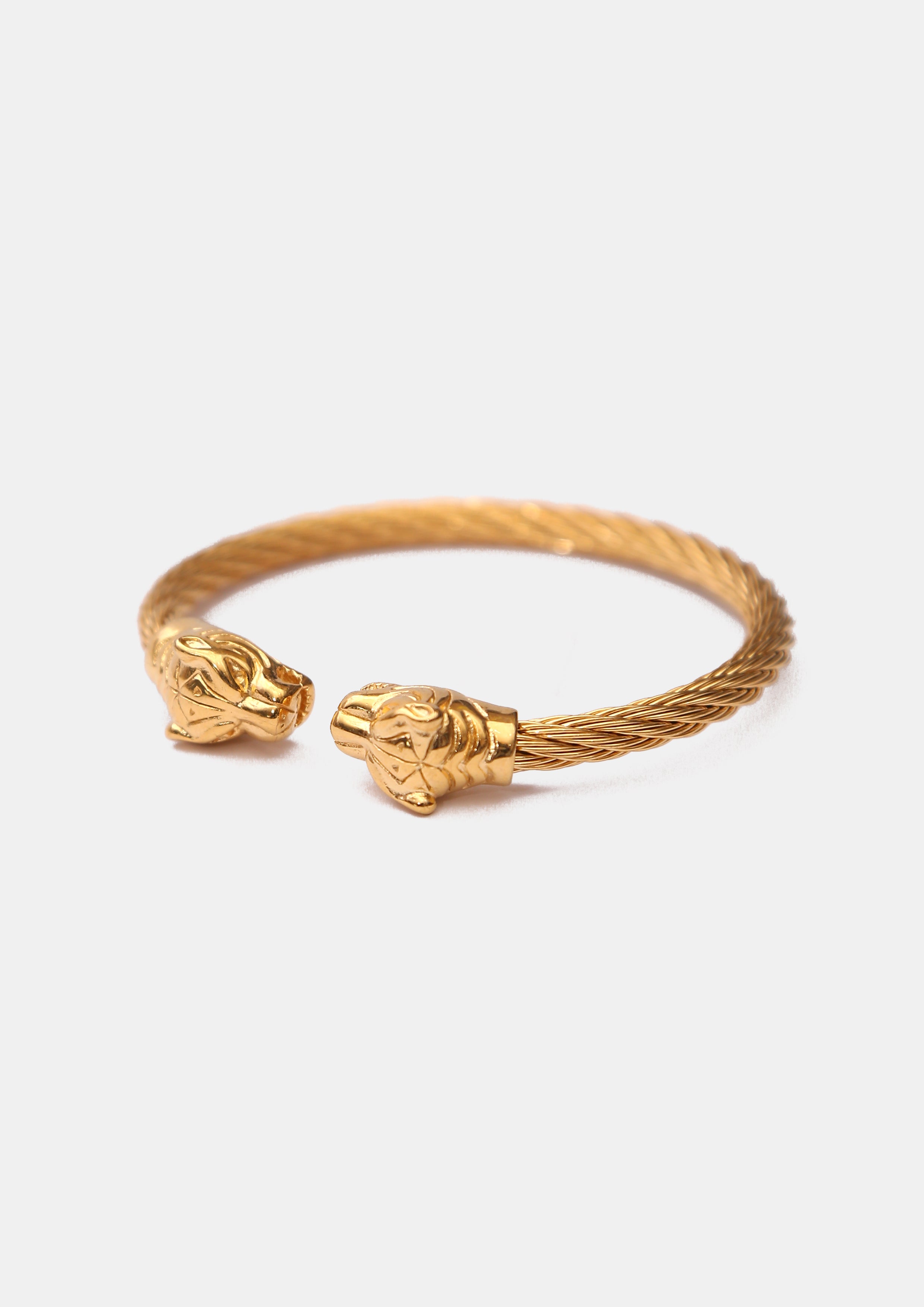 Brazalete oro laminado cable torzal con dos cabezas de tigre Golden Chic