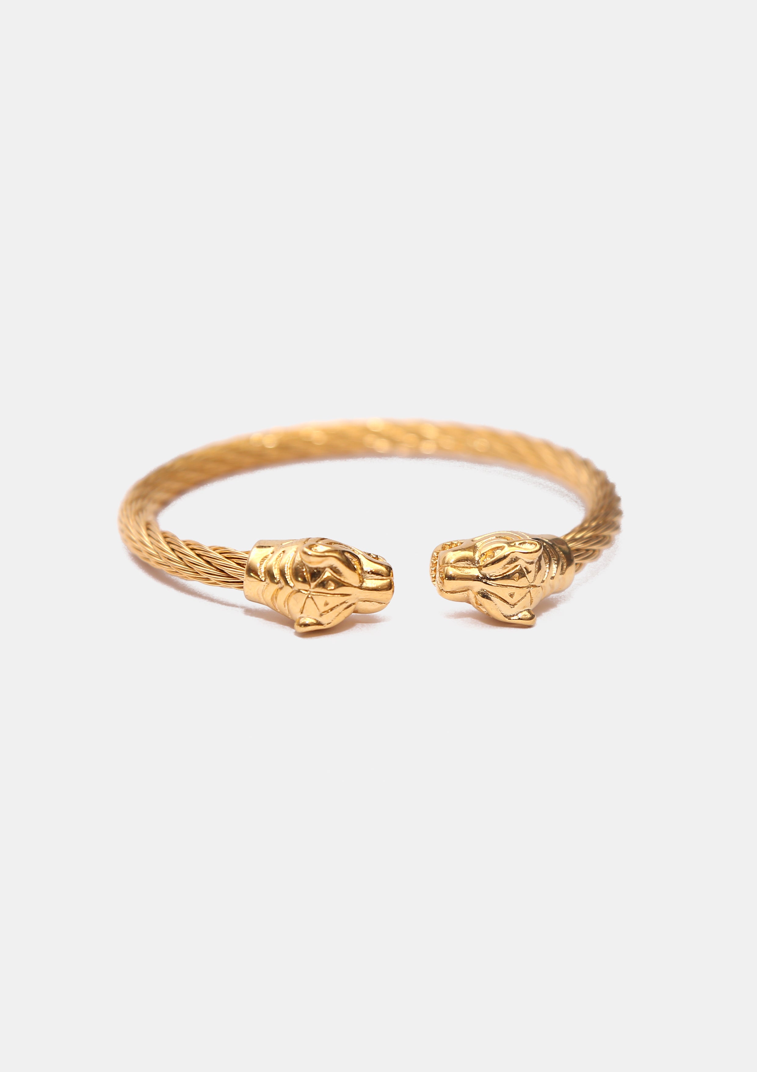 Brazalete oro laminado cable torzal con dos cabezas de tigre Golden Chic