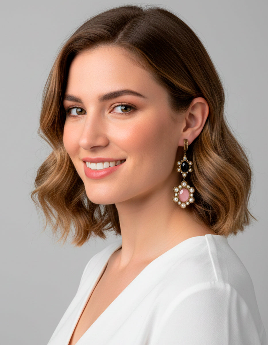 Aretes Duquesa en Bronce con Baño de Oro 22 kt, Espinolita Azul, Ágata Rosa y Perla Mabe