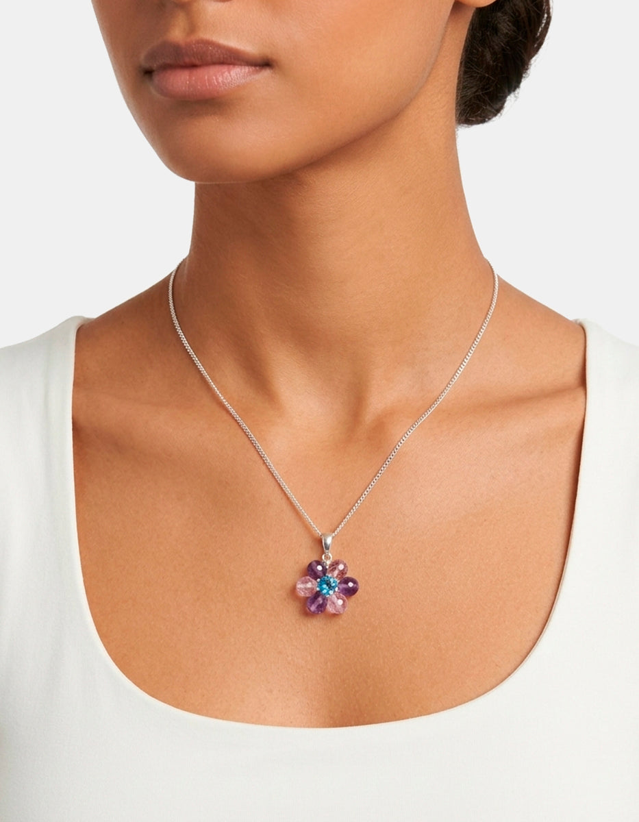 Dije floral con gemas multicolor con collar de Plata .925 Marquesa