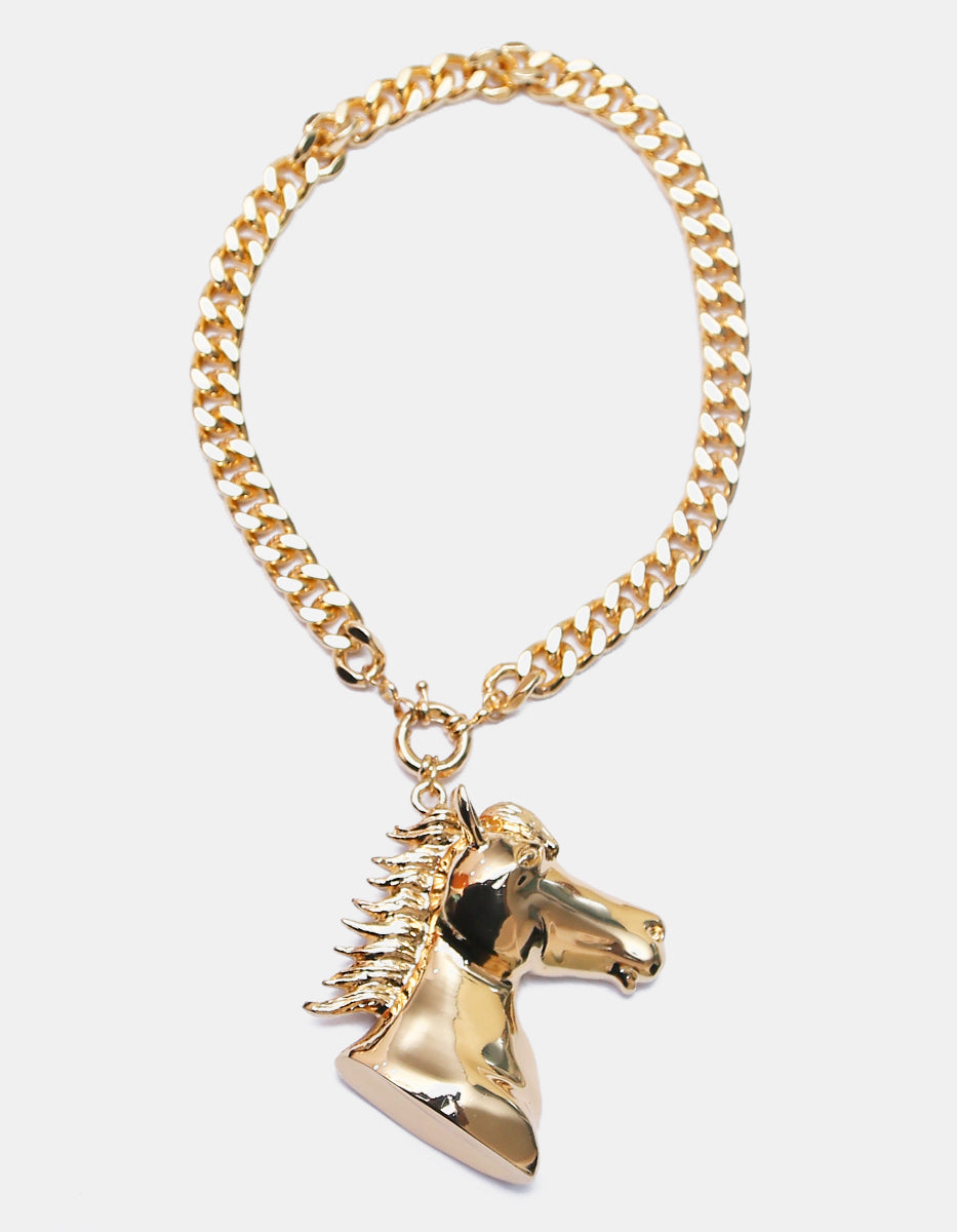 Collar de Gold-Filled de 22kt con cadena gruesa y dije ecuestre de cabeza de caballo Golden Chic