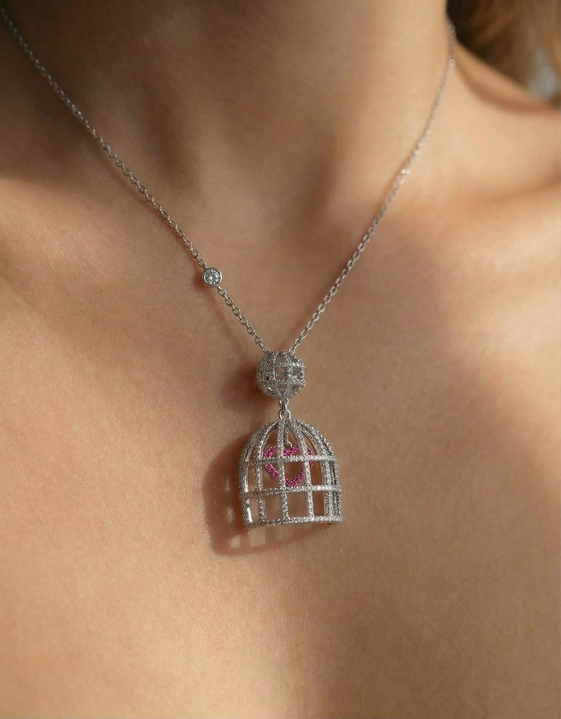 Collar de Plata .925 con baño de rodio · Jaula con corazón · Love Story