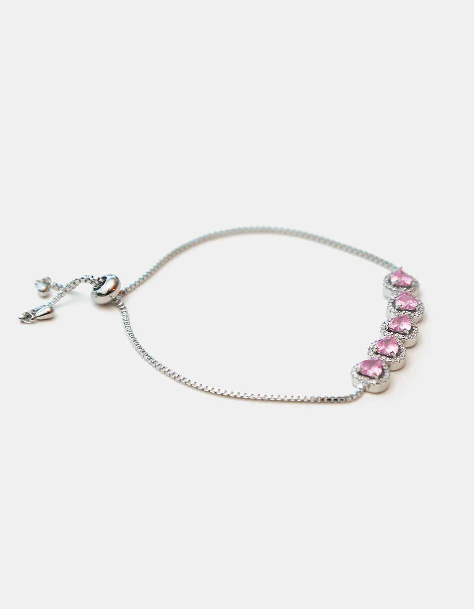 Pulsera ajustable en plata .925 con baño de rodio, cinco corazones y topacios rosas Love Story