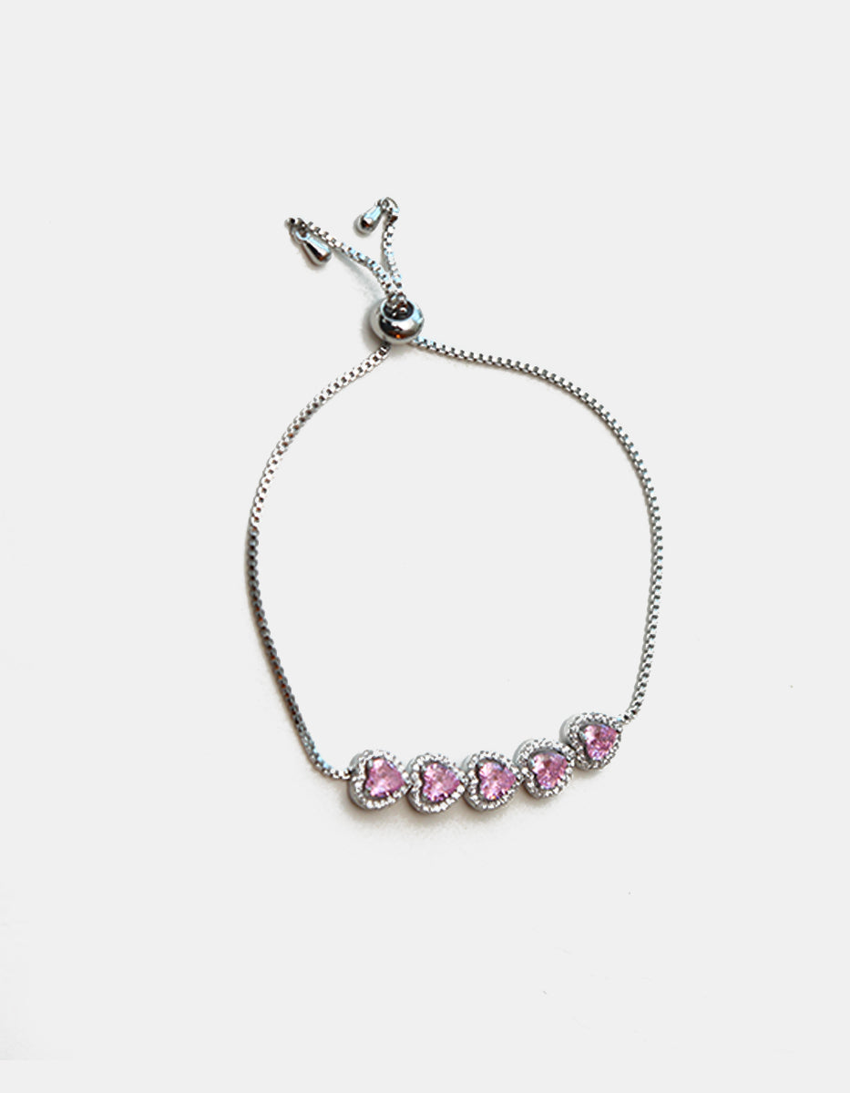 Pulsera ajustable en plata .925 con baño de rodio, cinco corazones y topacios rosas Love Story
