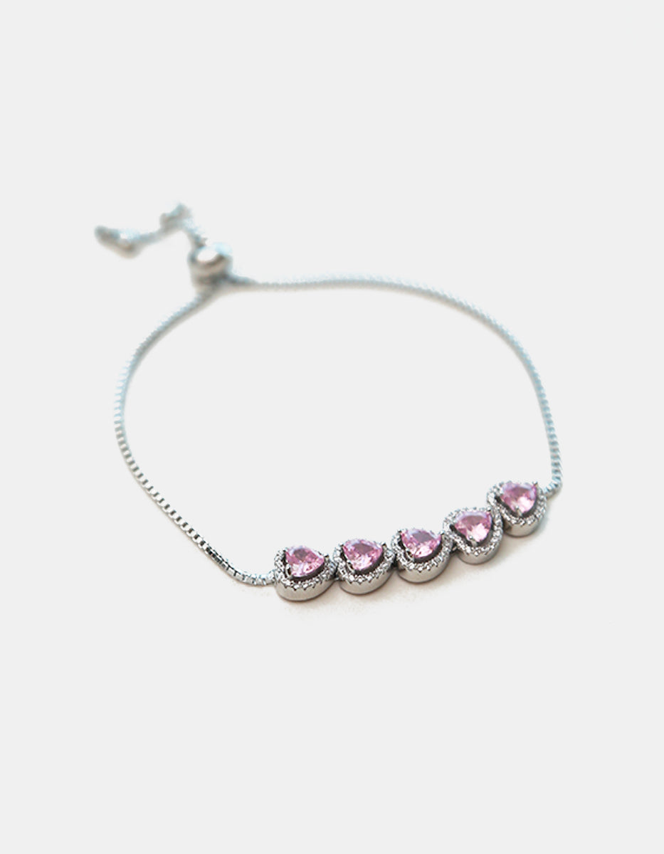 Pulsera ajustable en plata .925 con baño de rodio, cinco corazones y topacios rosas Love Story