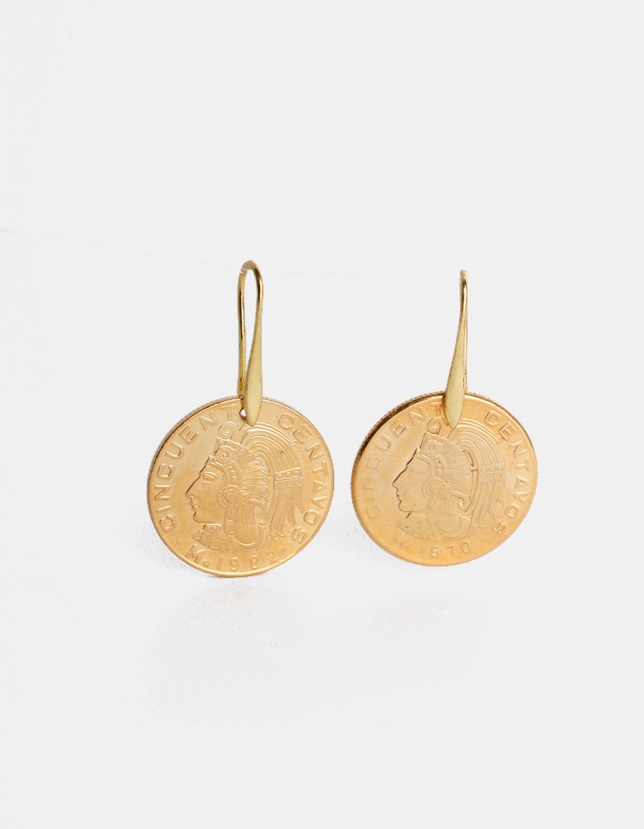 Aretes moneda cincuenta centavos vintage baño oro 22kt Memorias