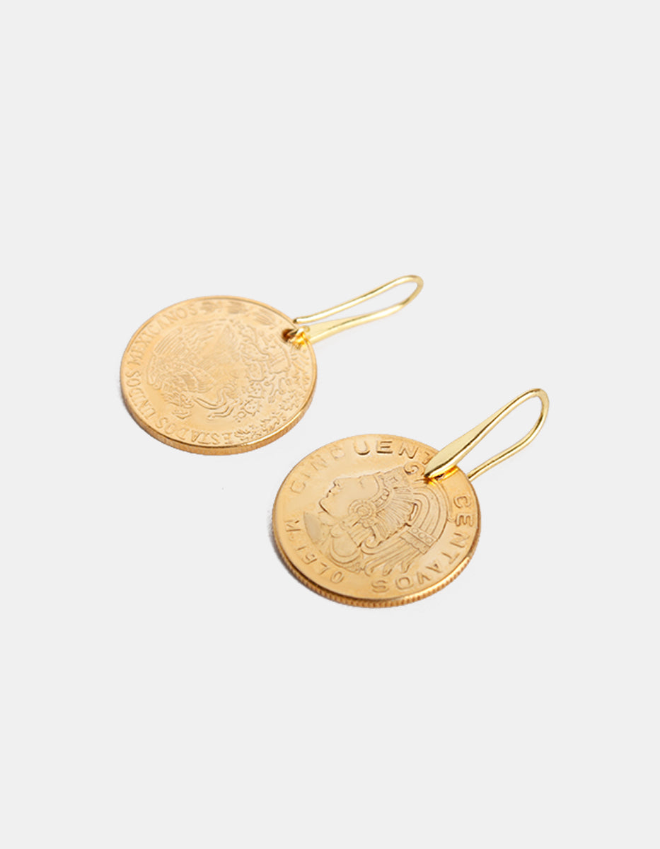 Aretes moneda cincuenta centavos vintage baño oro 22kt Memorias