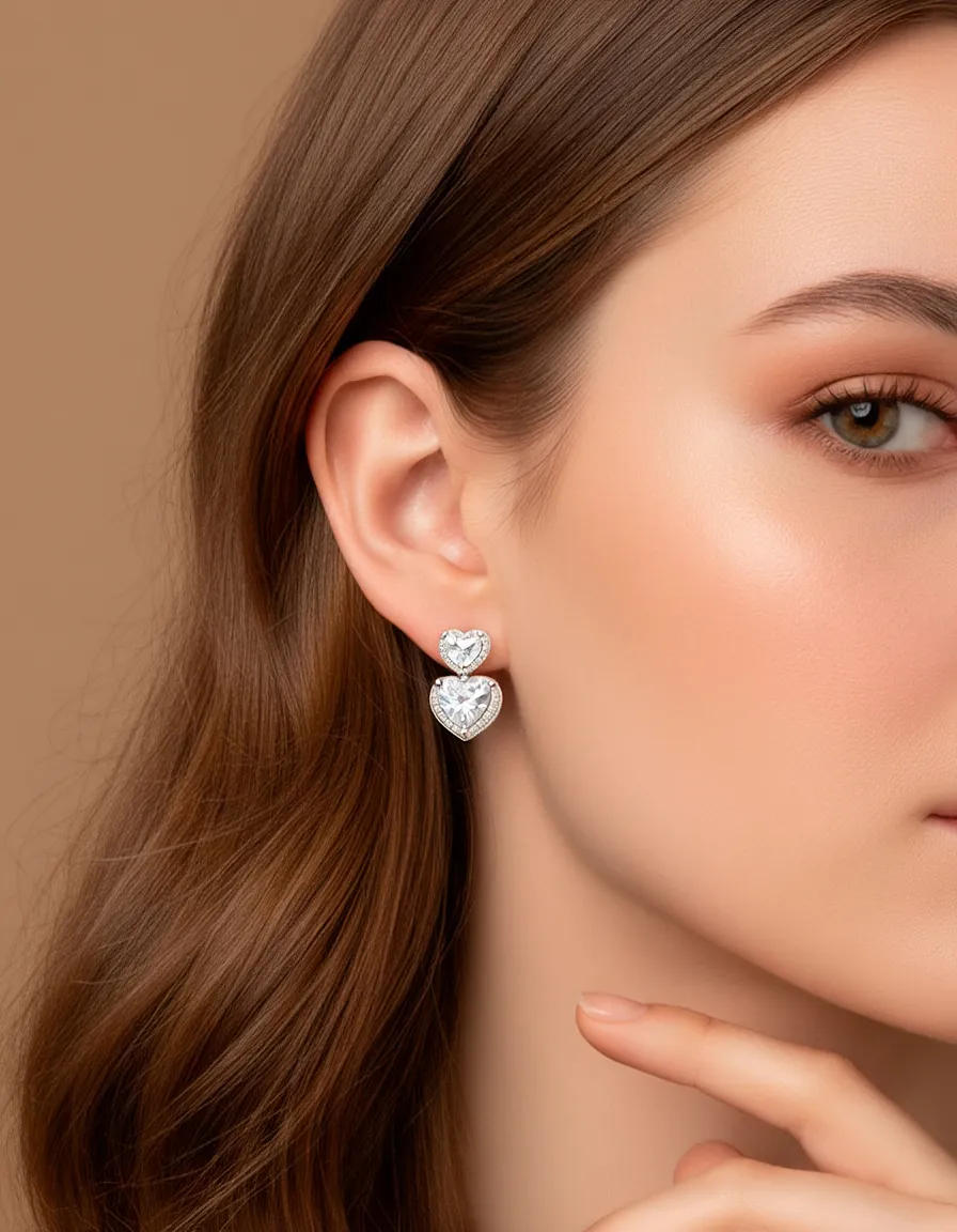 Aretes en plata .925 con topacios blancos y doble topacio en corte corazón Love Story