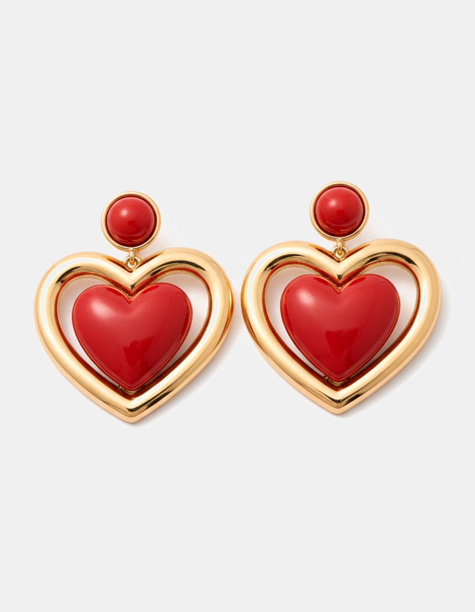 Aretes de bronce en baño de oro con corazón de baquelita roja Love Story