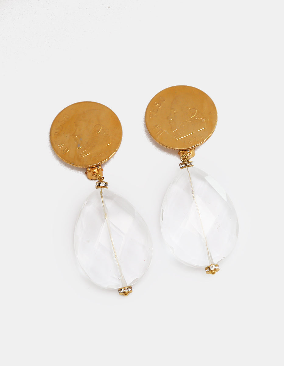 Aretes Colgantes de Moneda Vintage en Baño de Oro de 22kt con Gotas de Cristal Facetado