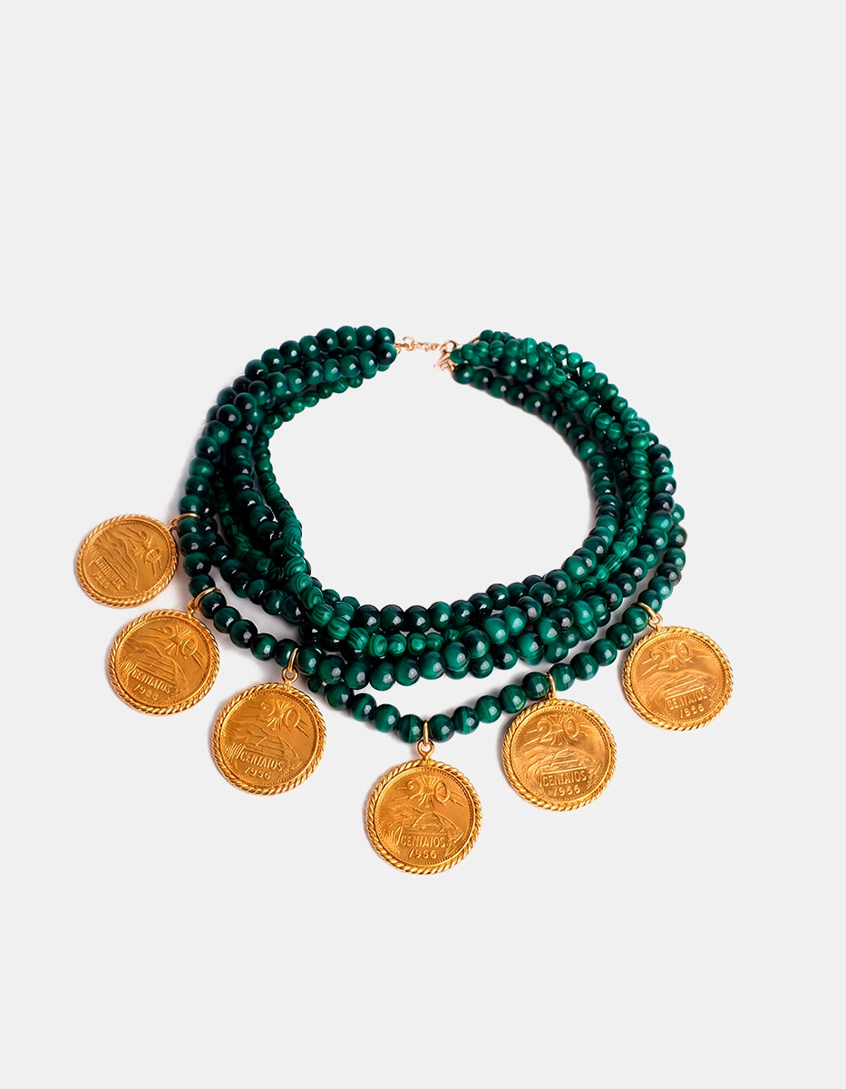 Collar 7 hilos cristal austriaco verde y monedas vintage Memorias