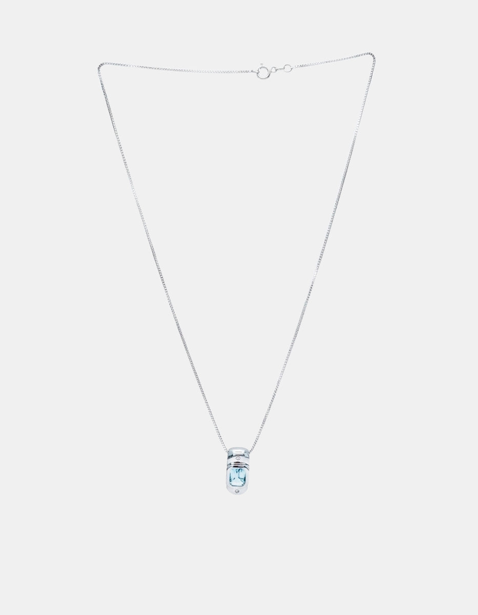 Collar de plata .925 con baño de rodio dije rectangular con gema azul Marquesa