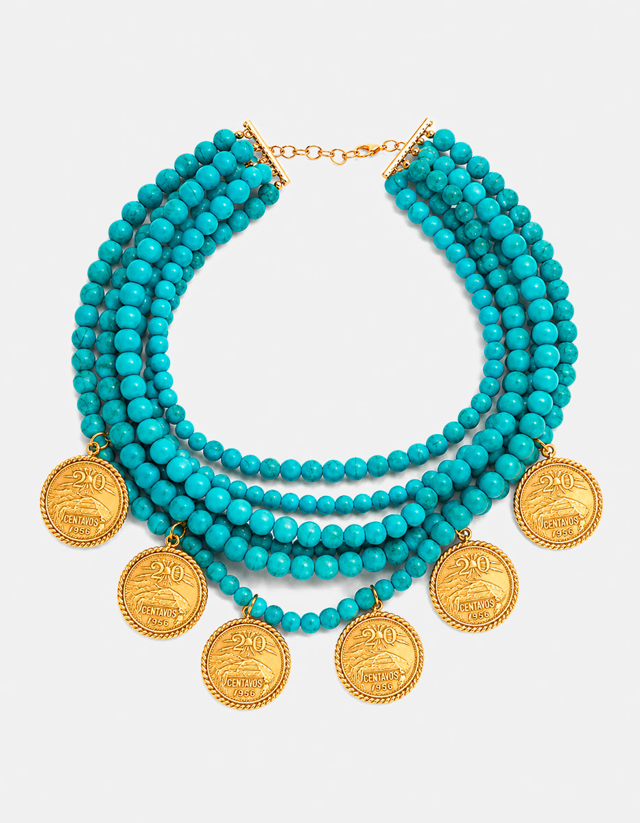 Collar 7 hilos coral azul turquesa y monedas vintage Memorias