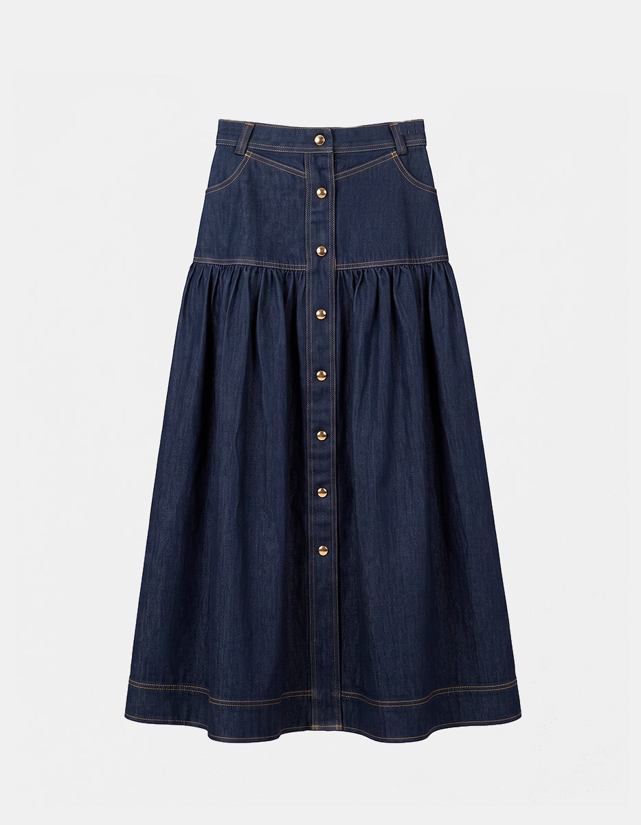 Conjunto Camisa de Algodón a Rayas con Flecos y Falda Denim Midi de Tiro Alto