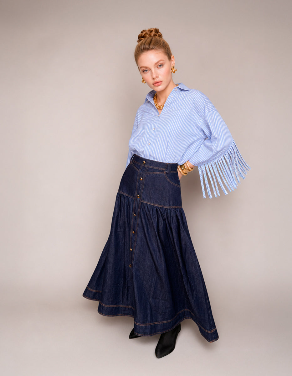 Conjunto Camisa de Algodón a Rayas con Flecos y Falda Denim Midi de Tiro Alto