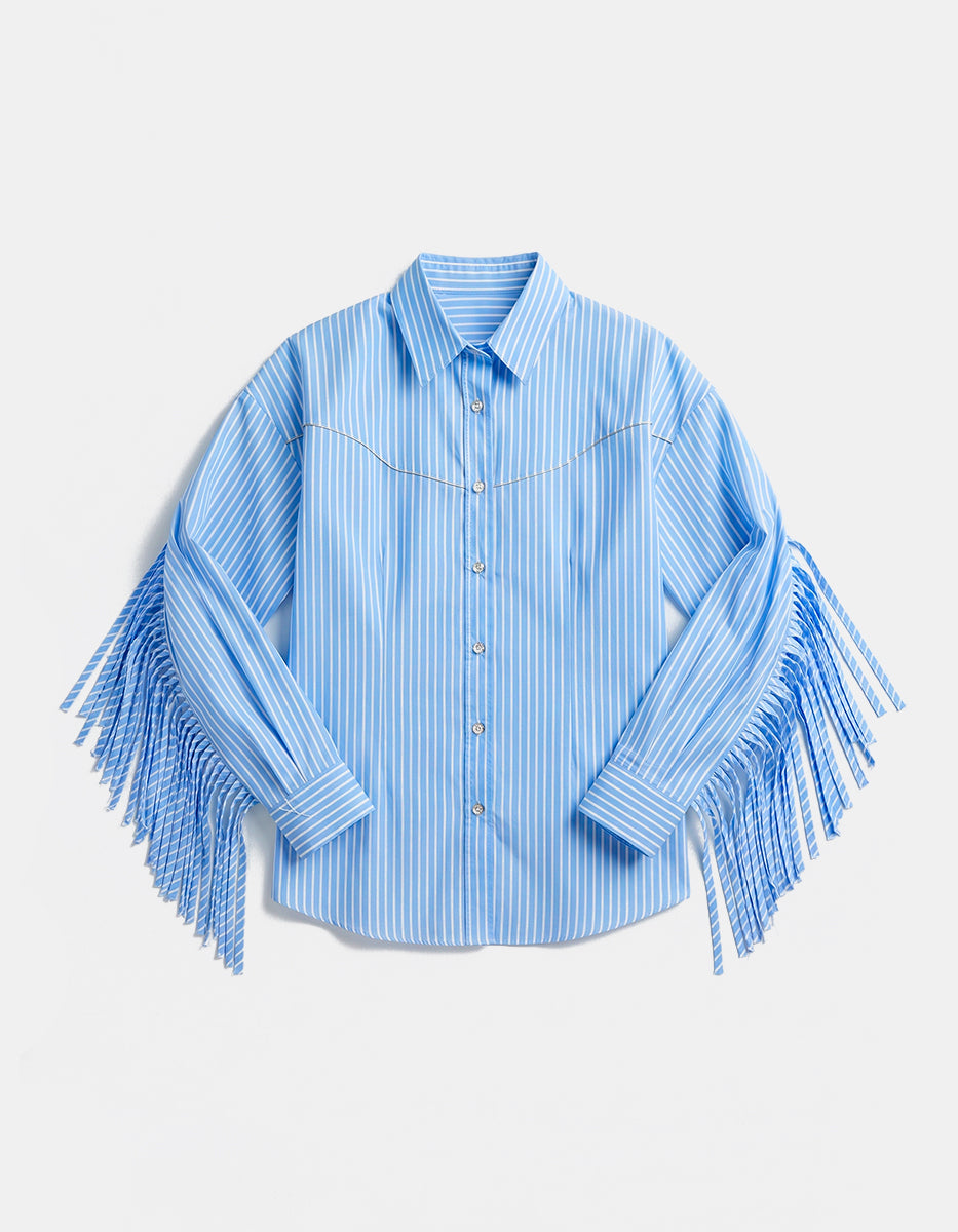 Conjunto Camisa de Algodón a Rayas con Flecos y Falda Denim Midi de Tiro Alto