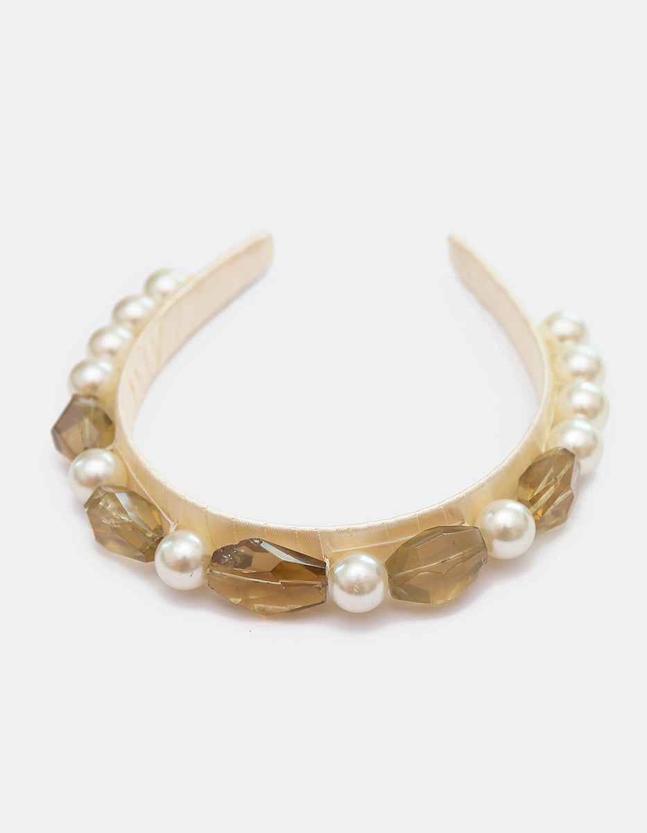 Diadema Satinada Beige con Cristales Facetados Cuarzo Humo y Perlas Mabe