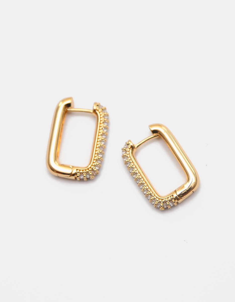 Aretes Rectangulares Alargados en bronce con Baño de Oro de 22kt y Topacios blancos Festive Style