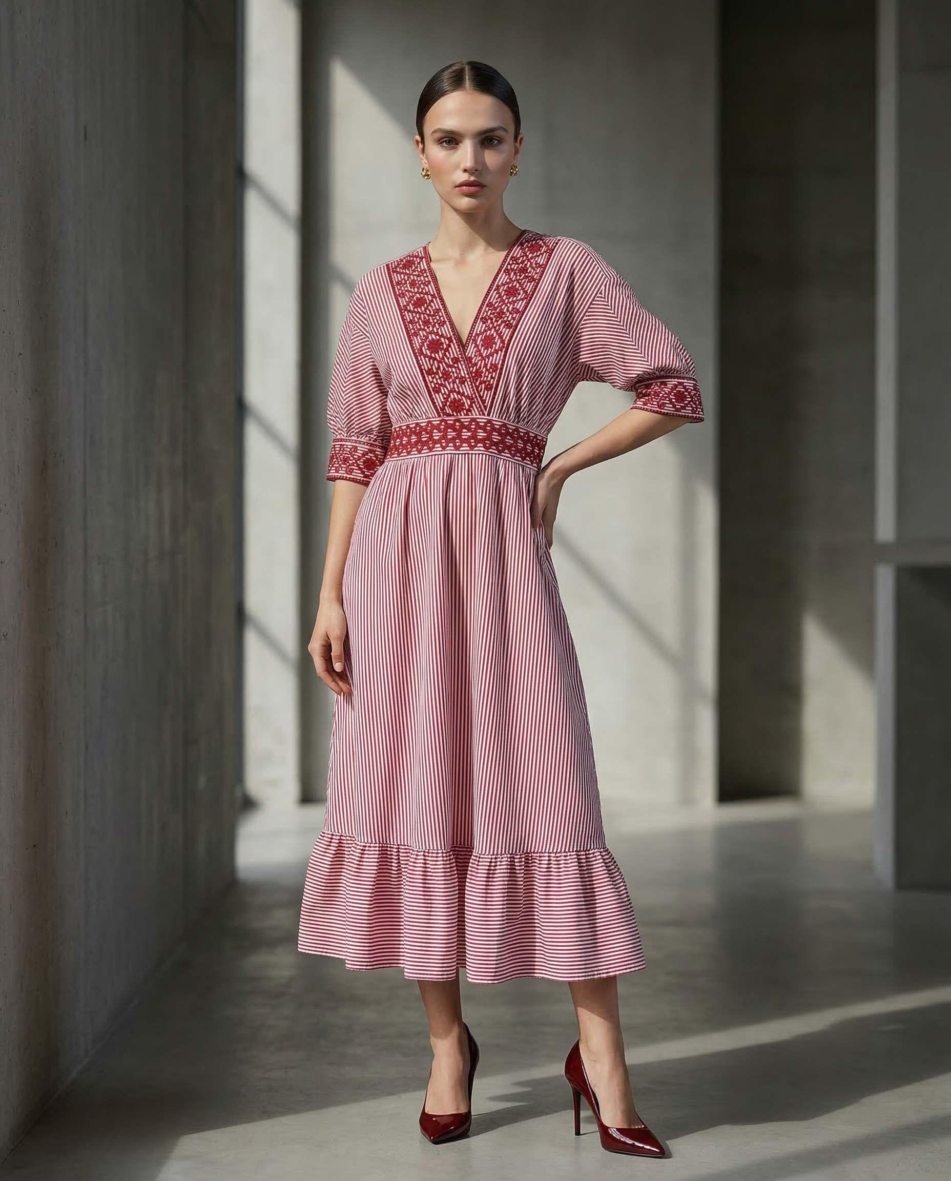 VESTIDO MIDI ESCOTE V MANGA ROJO CORTA MANDRAGORA
