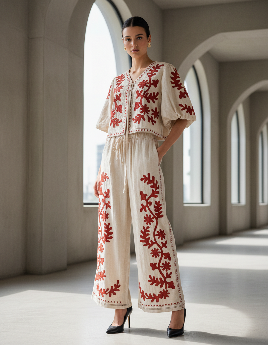 CONJUNTO BLUSA Y PANTALÓN BEIGE ROJO MANDRAGORA