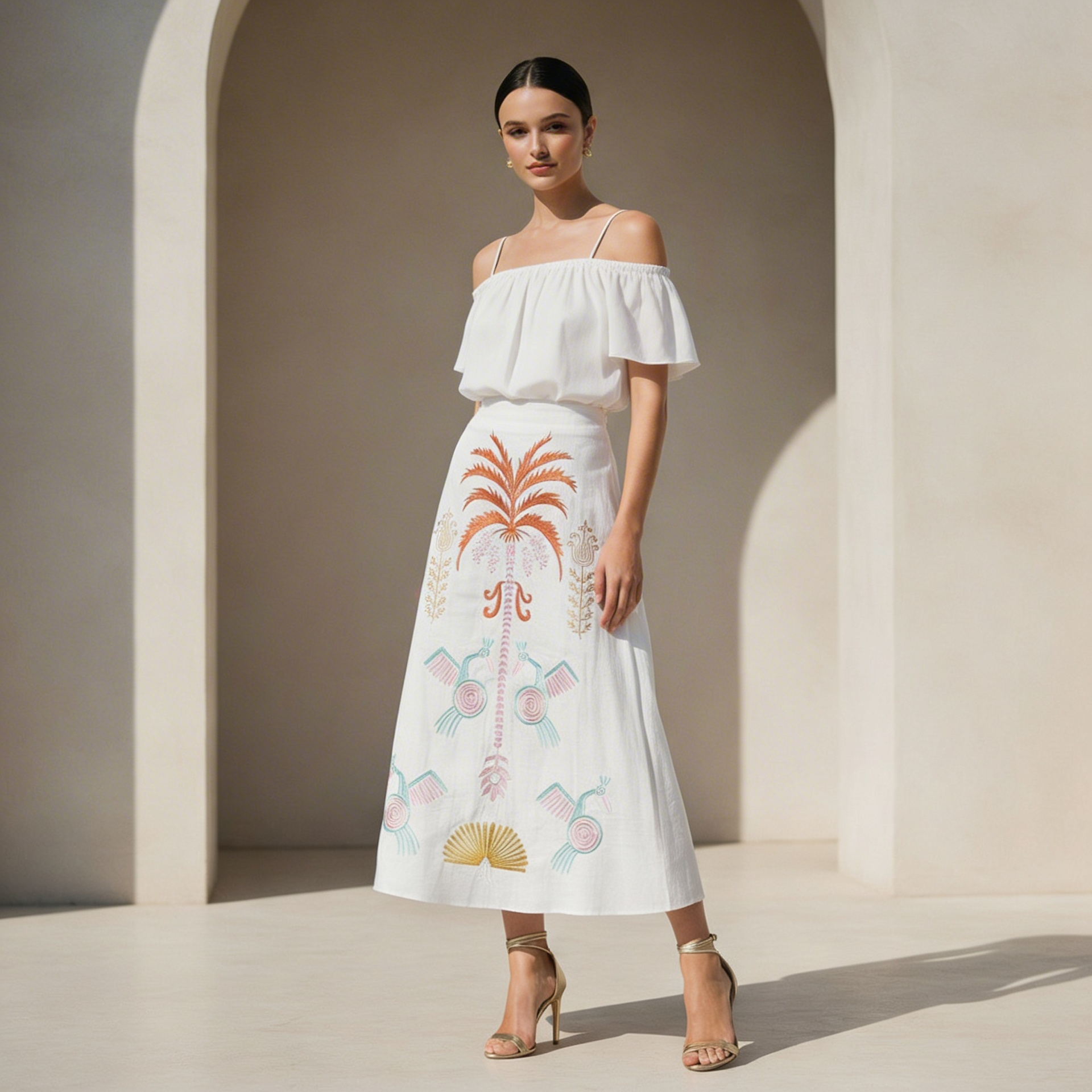 FALDA MIDI CON BORDADOS TROPICALES ETNICOS MANDRAGORA