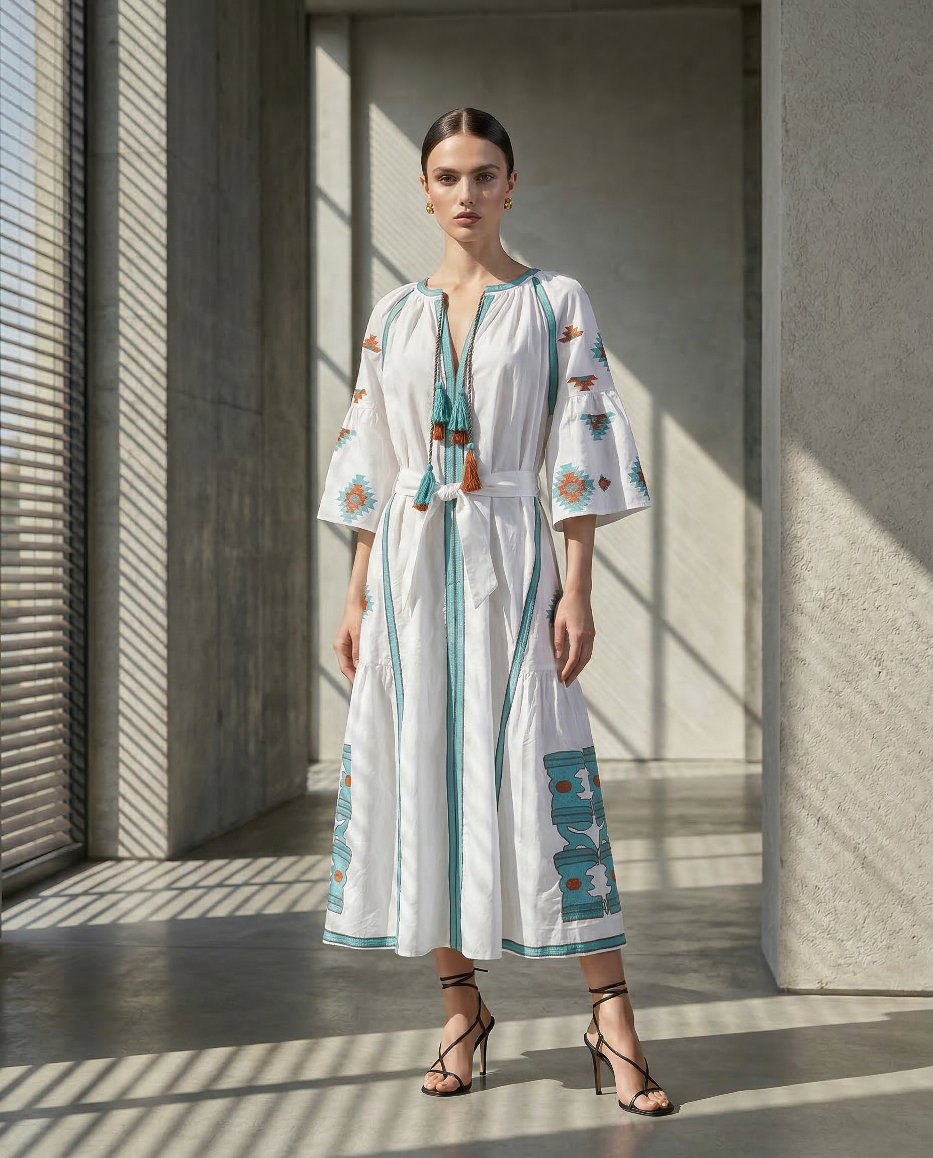 VESTIDO MIDI BLANCO ESTAMPADOS ESTILO NAVAJO MANDRAGORA