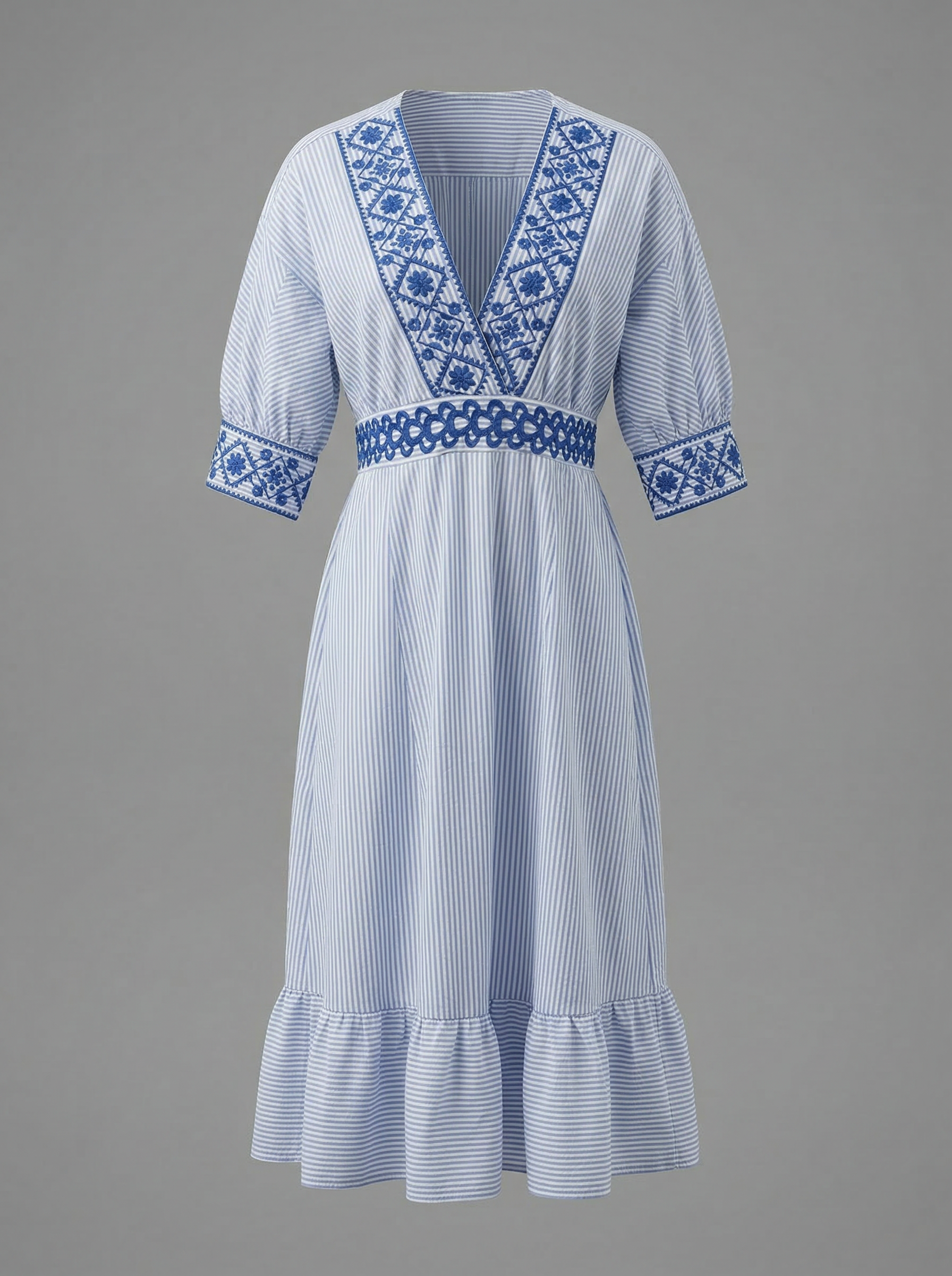 VESTIDO MIDI ESCOTE V MANGA AZUL CORTA MANDRAGORA