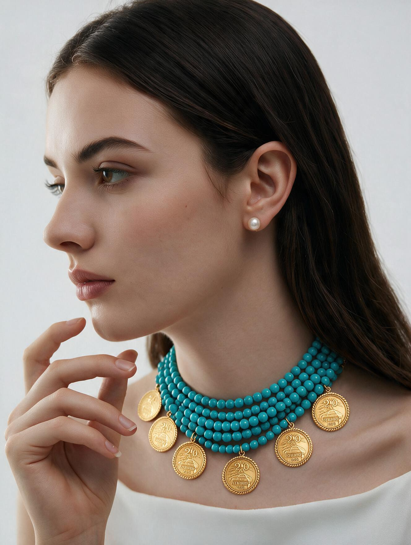 Collar 7 hilos coral azul turquesa y monedas vintage Memorias