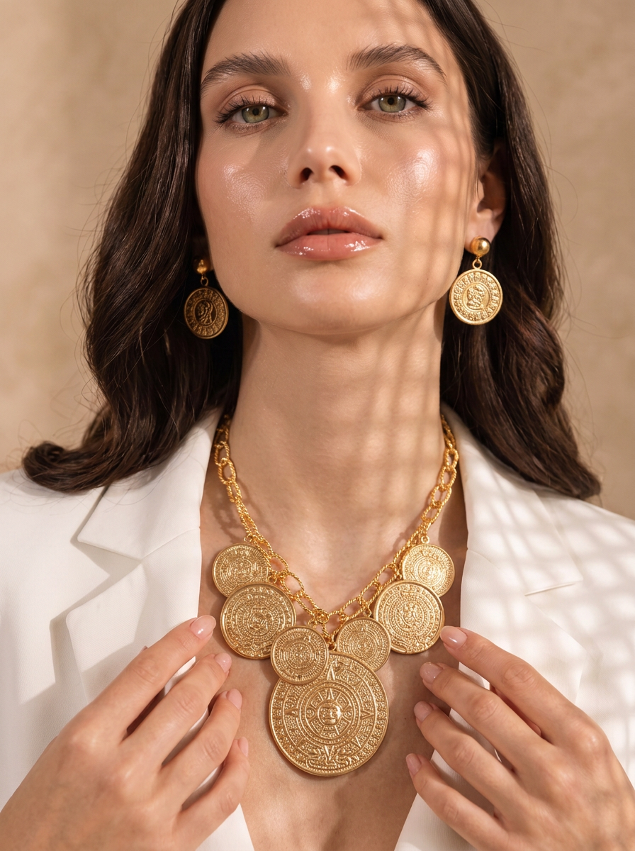 Collar de bronce con baño de oro 22k y siete dijes con grabado azteca Códice