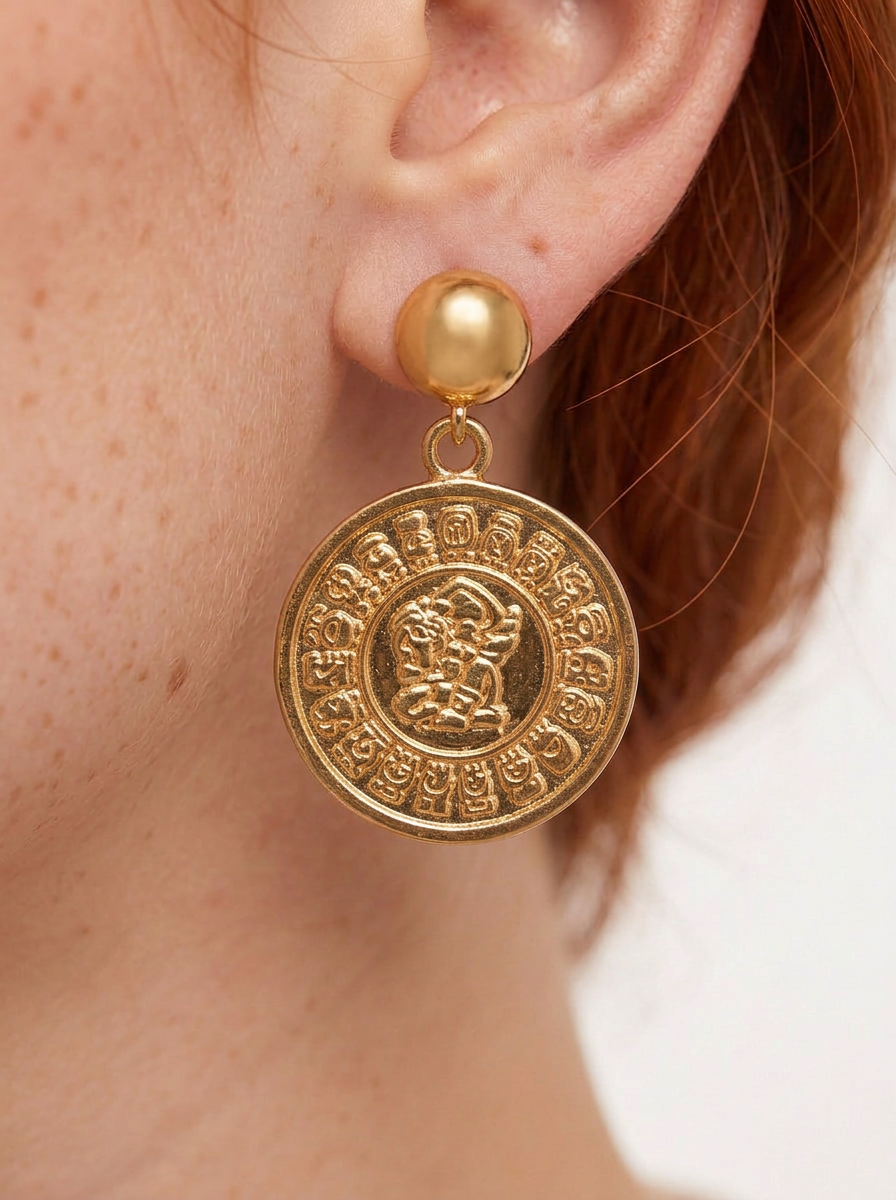 Aretes de bronce con baño de oro 22k y dije con grabado maya Códice
