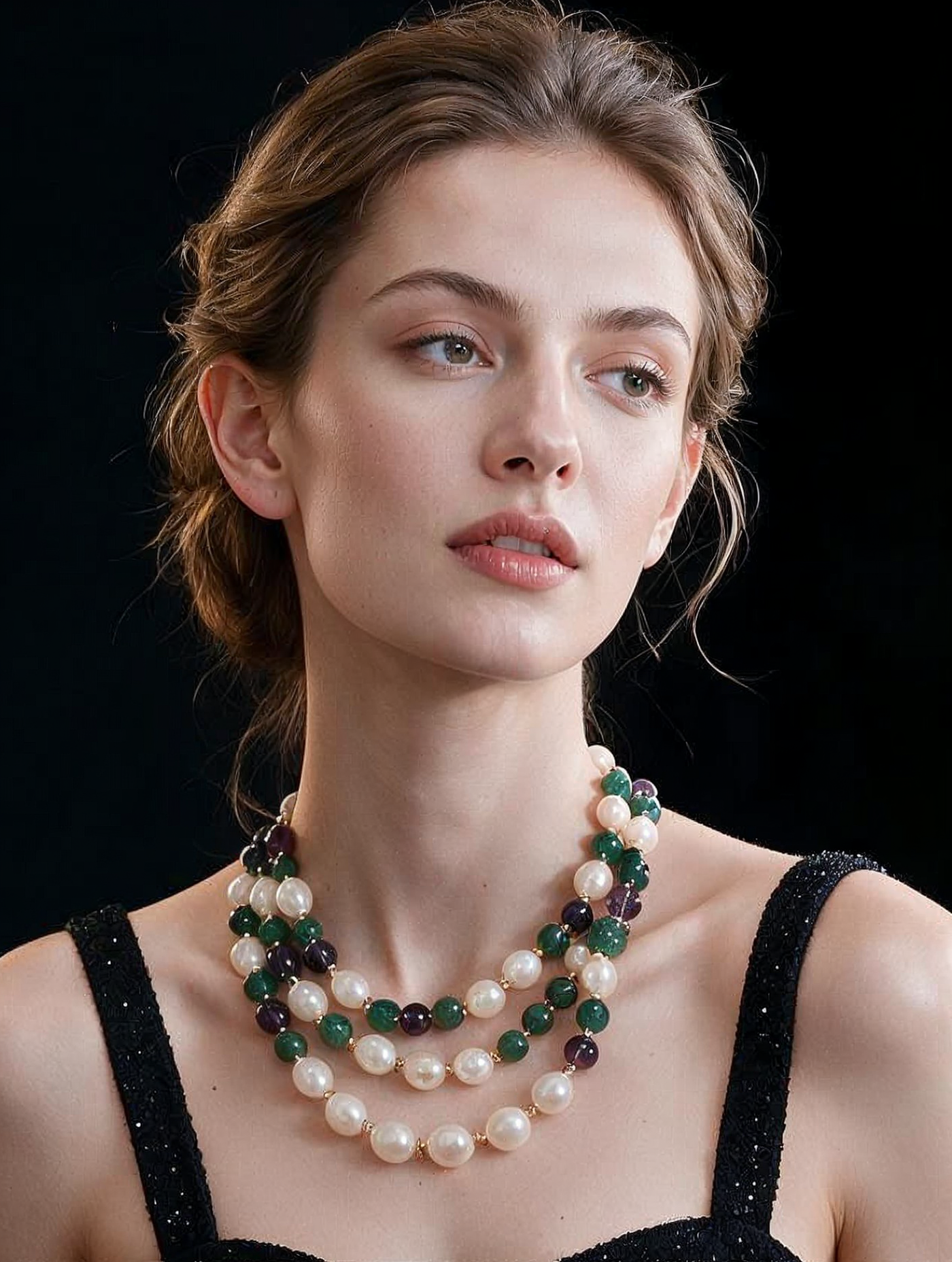 Collar Triple Statement con Perlas Barrocas, Cristal austriaco Verde, Amatista y Baño de Oro de 22kt