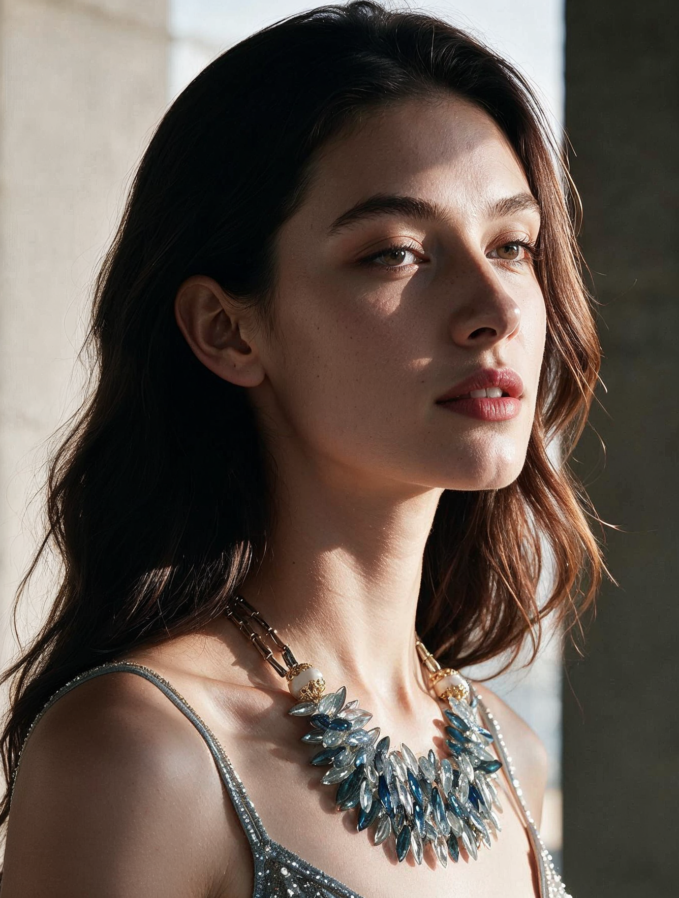 Collar Statement con Cristales Marquesa Azul y Gris, Cuentas Filigranadas y Baño de Oro de 22kt