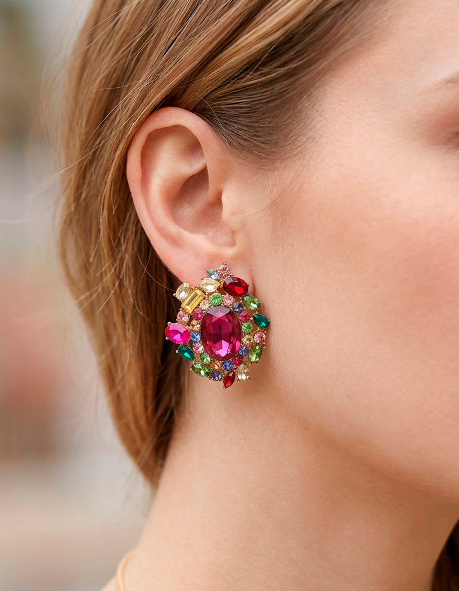 Maxipendientes con Cristales Multicolor y Baño de Oro
