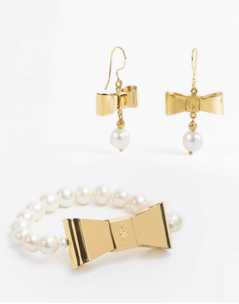 Pulsera y pendientes de moño con perla mabe
