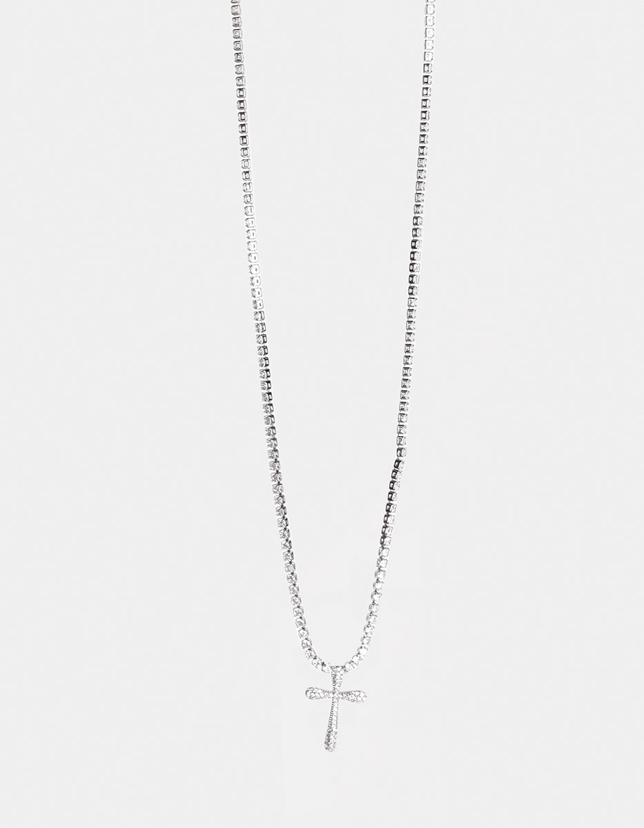 ⚡Ei Collar en Plata .925 con Baño de Rodio y Dije en Forma de Cruz con Topacios Blancos