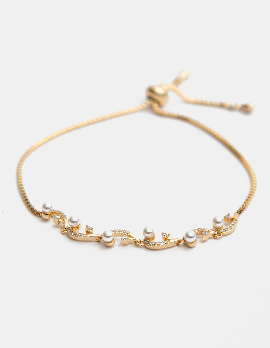 ⚡Ei Pulsera Ajustable Entrelazada en Plata .925 con Baño de Oro 22 kt, Topacios Blancos y Perla Mabe Mini