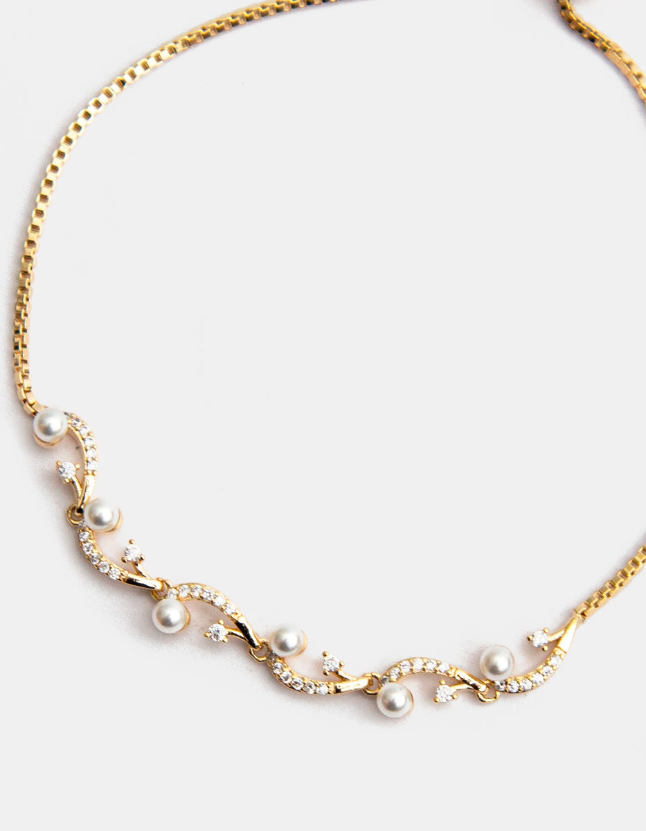 ⚡Ei Pulsera Ajustable Entrelazada en Plata .925 con Baño de Oro 22 kt, Topacios Blancos y Perla Mabe Mini