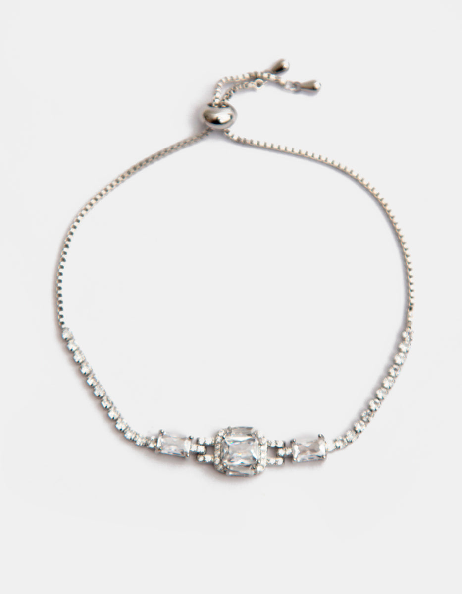 ⚡Ei Pulsera Ajustable en Plata .925 con Baño de Rodio, 3 Topacios Centrales y Topacios Blancos